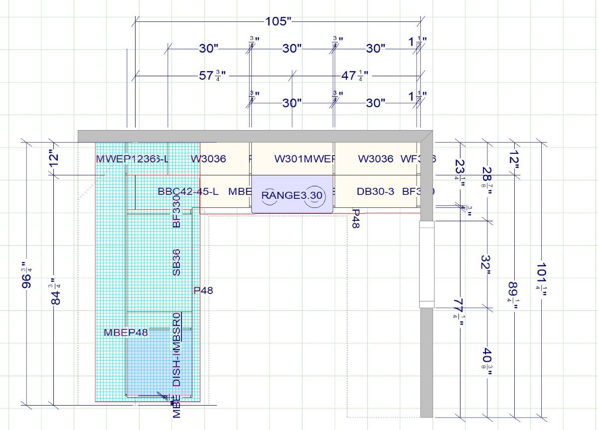 top layout drawing of L shape condo kitchen with peninsula