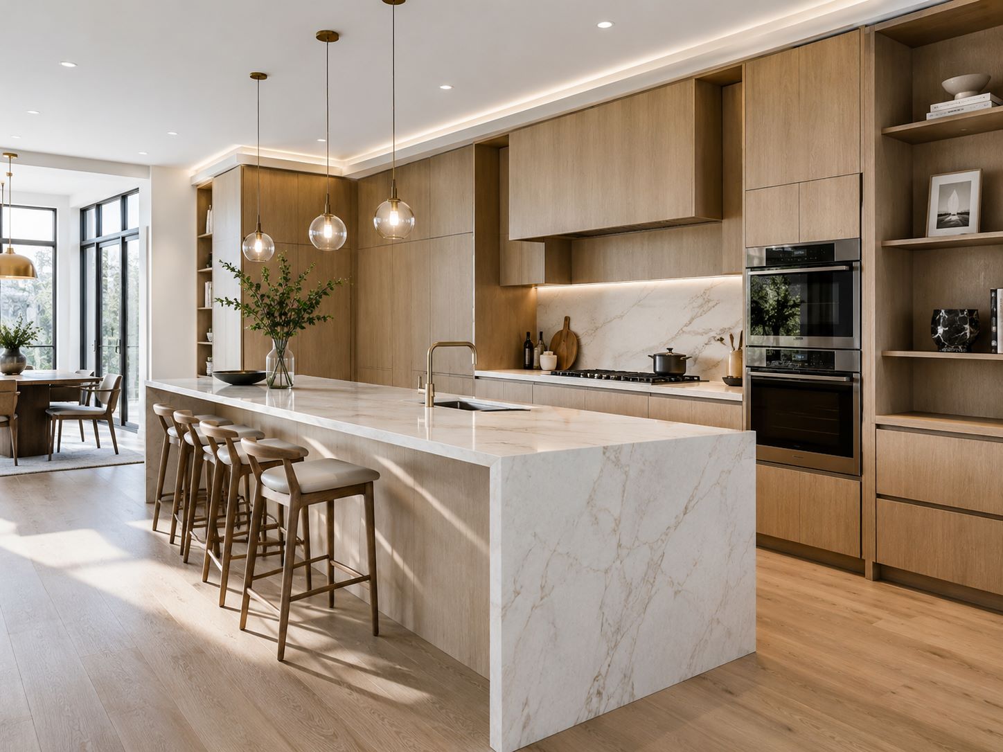 Premium natural wood veneer kitchen with white oak cabinets and waterfall island in Toronto