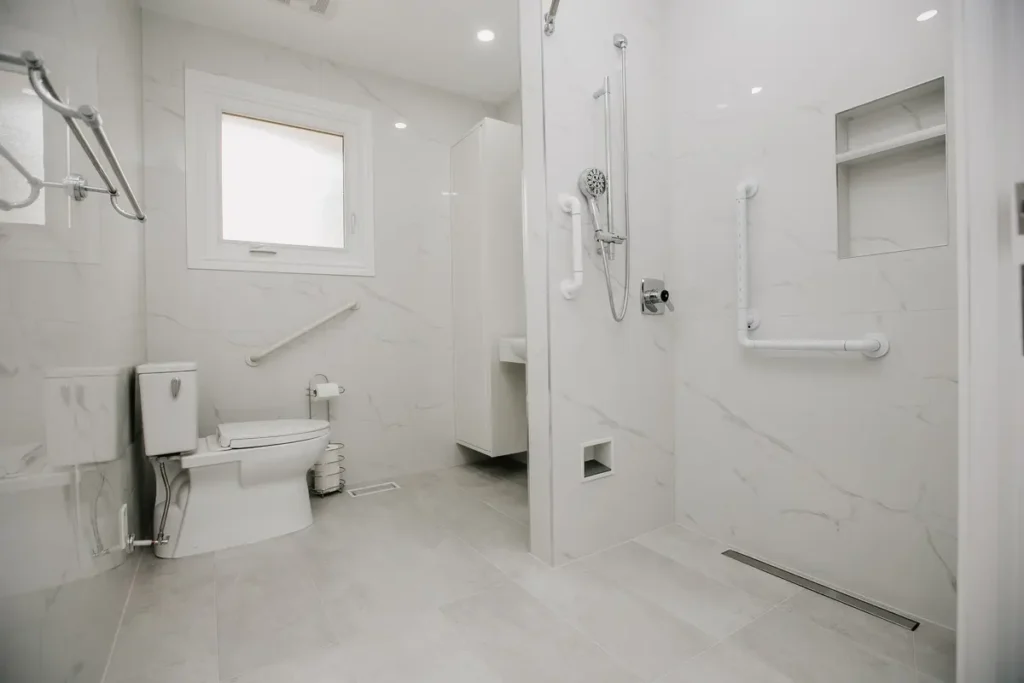 accessible bathroom renovation curbless walk in shower grab bars 01