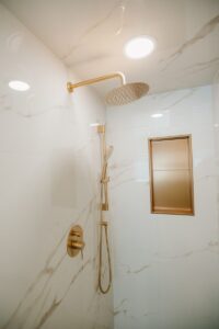 open shower tiled ceiling bolton gold rain head 05